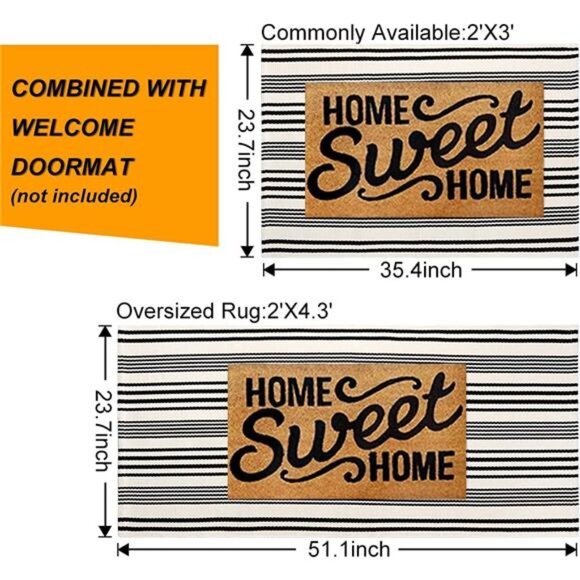 Black and White Striped Outdoor Rug, 2’ x 4.3’ Cotton Hand-Woven Reversible - Picture 3 of 8